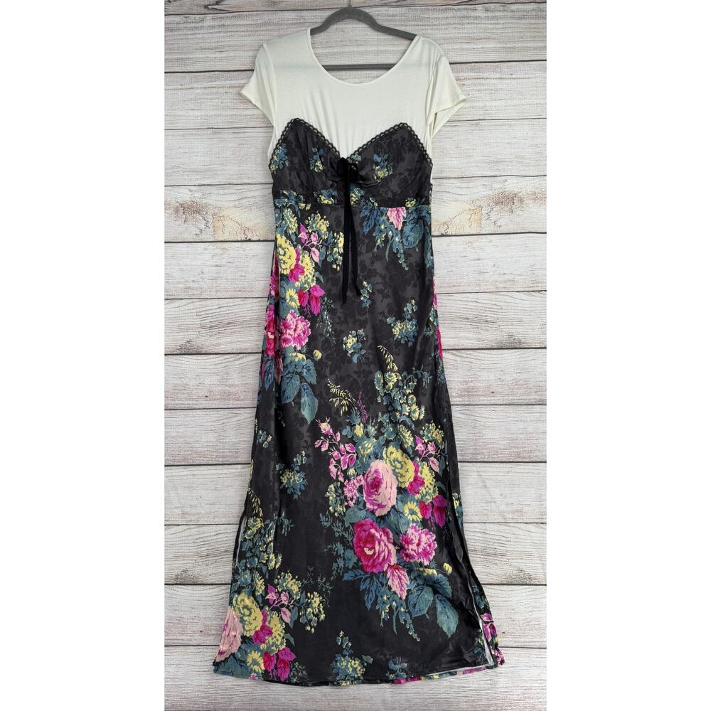 Anthropologie‎ Twofer Floral Midi Slip Dress Womens L Gray Blue Pink Cream NEW